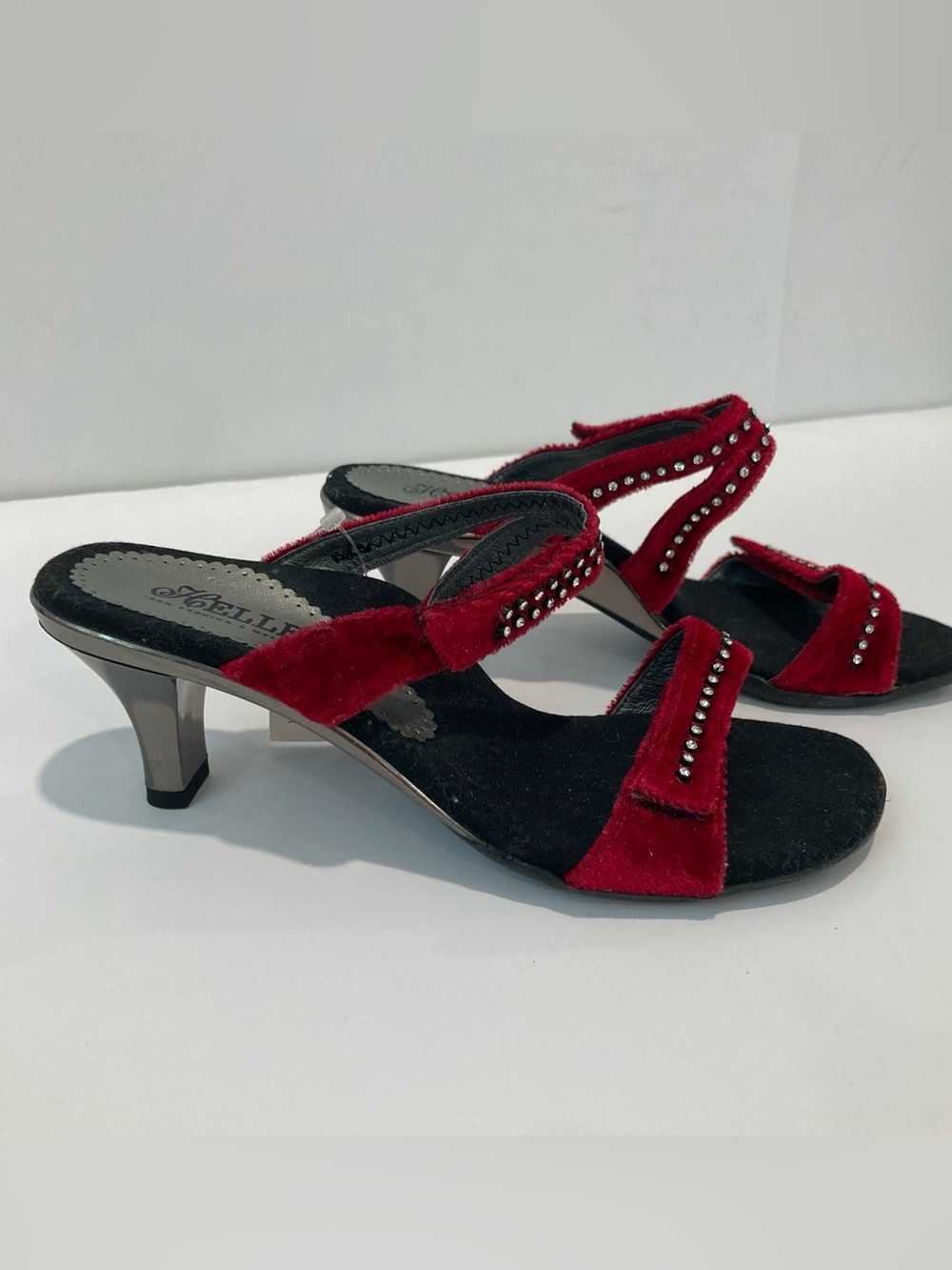 Helle Comfort Red Velvet Rhinestone Strappy Heels EU 38 US 7.5 Vintage Y2K